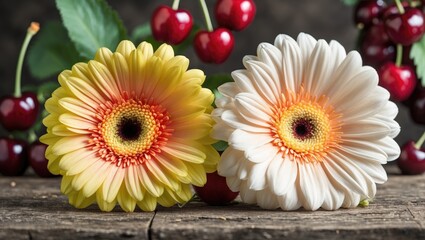 Pair of bright yellow flowers resembling gerberas with cherry-hued insides