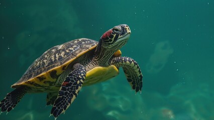 Obraz premium An adult red-eared turtle swimming in a glass tank, partially emerging from the water