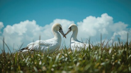 Fototapeta premium Close-up of two albatrosses bonding through beak contact