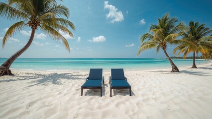 Two azure beach chairs set against a backdrop of palm trees, evoking a coastal vacation atmosphere.