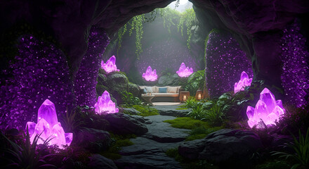 Stunning amethyst cave retreat with glowing crystals, inviting relaxation and tranquility
