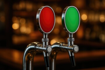 Colorful beer taps set against a diffused background