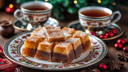 Fototapeta premium Traditional Middle Eastern dessert paired with a steaming drink