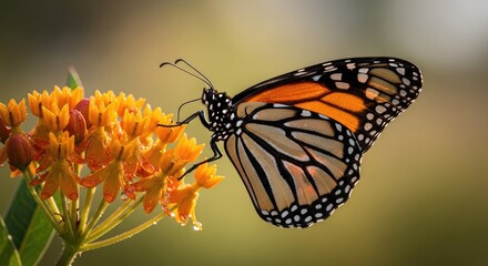 Fototapeta premium A monarch butterfly perched on a vibrant orange flower with a blurred green background.