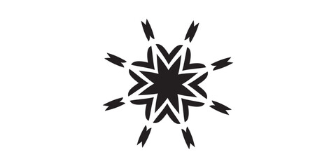 Obraz premium Black geometric eight-pointed starburst icon a symmetrical abstract mandala with radiating V-shaped arms.