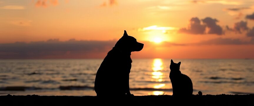 Silhouetted dog & cat, peaceful sunset ocean view,  idyllic,  canine - Powered by Adobe