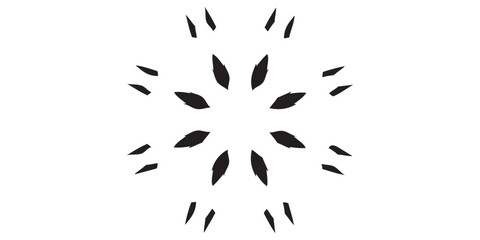 Minimalist black radial starburst icon with abstract leaf-like and dash shapes.