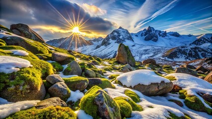 Snowy moss-covered rocks scattered across a rugged mountainous landscape, with crisp blue sky and serene winter atmosphere, photorealistic scenic composition
