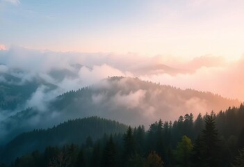 Obraz premium Misty mountain range, fog-shrouded forest, watercolor texture, canvas, moody