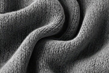 Detailed close-up of a soft, grey knitted woolen fabric with gentle folds and texture.