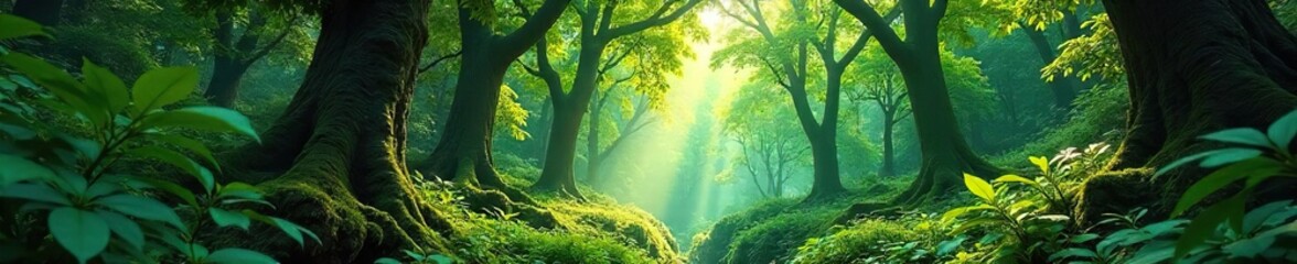 Lush green rainforest woodland canopy, dappled sunlight filtering through leaves, vibrant undergrowth, ancient trees, dense vegetation, tranquil atmosphere , canopy, habitat, epiphytes