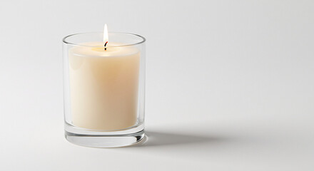 A single, minimalist white candle, elegantly placed in a clear glass holder, emits a soft, flickering flame, creating a warm and tranquil ambiance against a clean background