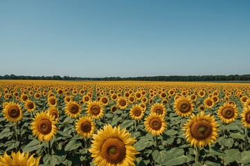 Fototapeta premium Vast sunflower plantation blooming under a clear summer sky
