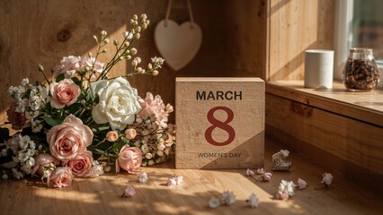 Celebrating International Women's Day on March 8 with a wooden block calendar and vibrant blossoms