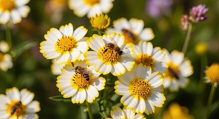 A group of bees on white and yellow flowers in a garden setting.