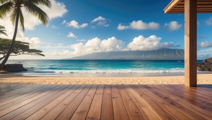 Fototapeta premium Wooden surface set against a coastal beach landscape