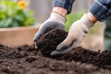 Gloved hands mixing soil for autumn plant nourishment Generative AI