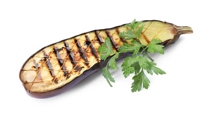 Fototapeta premium Slice of grilled eggplant and parsley isolated on white