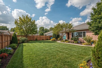 Fototapeta premium Backyard surrounded by a wooden fence beside a vibrant home in a residential area. Lush garden featuring grass, trees, and blooming flowers under a cloudy sky.