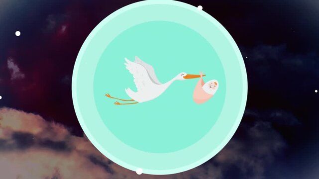 Animation of stork with baby in circle over sky