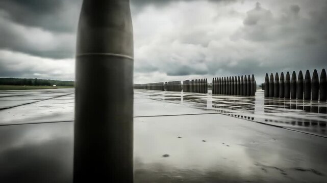 Rows of dark bullets lined up against stormy sky on wet ground, reflecting in puddle, military weapons, ammunition.