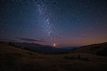 Scenic valley view illuminated by stars at night