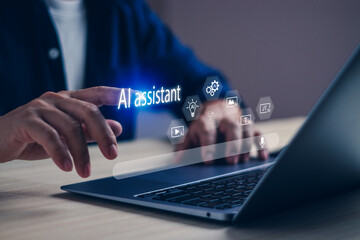 Finger touching AI assistant interface on laptop, symbolizing artificial intelligence, smart automation, voice technology, user interaction, digital assistant and future workspace.