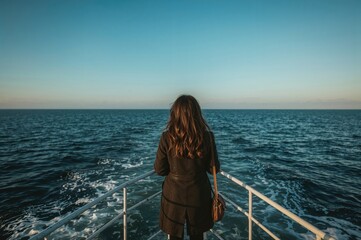 Fototapeta premium Solitary woman on a ferry deck admiring the vast blue sea in the cold season