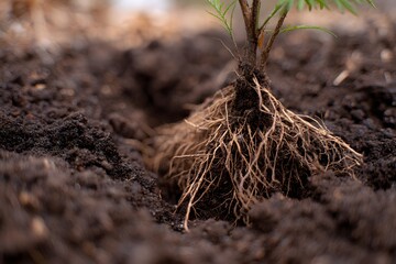 Fototapeta premium Roots of a small tree being planted in rich soil Generative AI