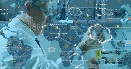 Animation of data processing and world map over caucasian male scientist in lab - Powered by Adobe