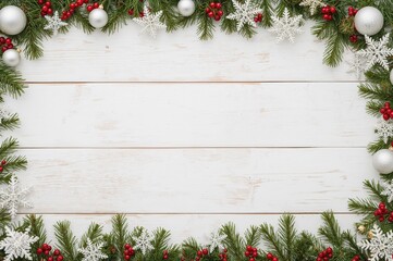Festive holiday scene featuring rustic decorations and ornaments on a white wooden surface with snowflakes, arranged in a flat lay style with ample space for text.