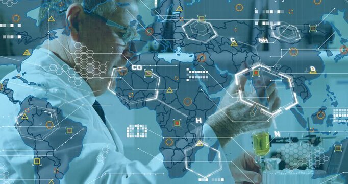Animation of data processing and world map over caucasian male scientist in lab - Powered by Adobe