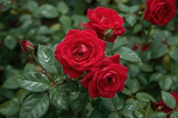 Vibrant red roses blossoming amidst lush green foliage in the spring season