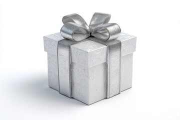Obraz premium Elegant White Gift Box with Silver Ribbon and Bow on White Background