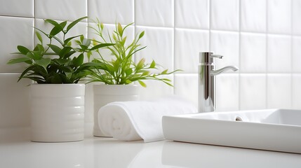 Fototapeta premium A clean, white bathroom with a square countertop sink, minimalist green plants in small ceramic pots along the white subway tile wall, soft diffused morning light, full-frame,