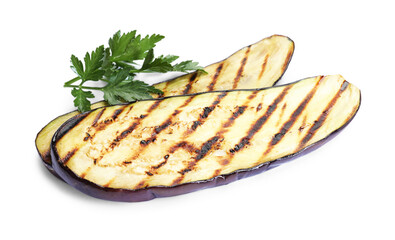 Slices of grilled eggplant and parsley isolated on white