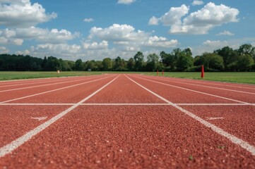 Obraz premium Freshly built at-grade running track featuring marked lanes