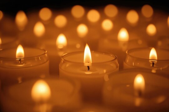 A single illuminated candle in sharp focus, surrounded by softly glowing candles that emit a cozy and tranquil ambiance.