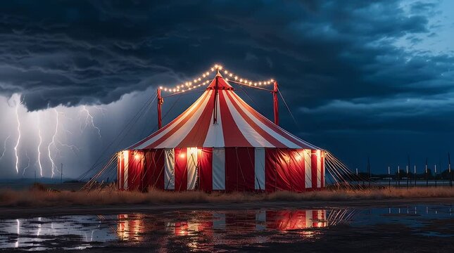 striped red and white curtain, wooden floor, and theatrical atmosphere at night 4k animation