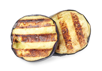Slices of grilled eggplant isolated on white, top view