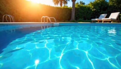 A sparkling blue swimming pool on a sunny summer day, perfect for a refreshing dip Clear water shimmers under the summer sun, inviting relaxation and fun , outdoor, pool party