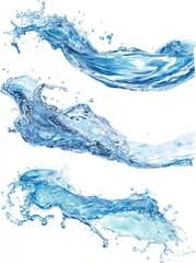 Fototapeta premium Three stylized water splashes. A graphic of flowing, translucent blue water, exhibiting dynamic movement. Each splash is distinct, showcasing varying degrees of water droplets and curves