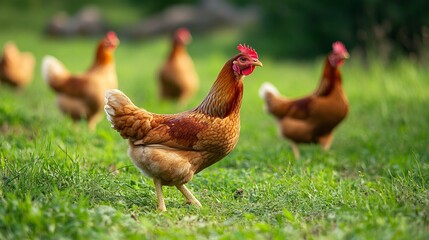 Fototapeta premium Free range chickens walking on rural farmyard with green grass and wooden fence