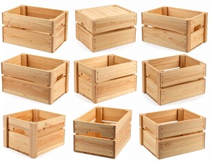 Set of wooden boxes isolated on a white background.