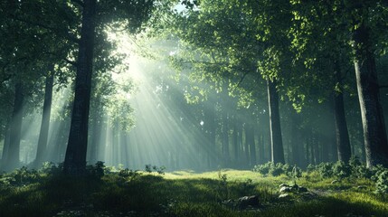 A Serene Forest Scene with Sunbeams Piercing Through the Lush Green Canopy