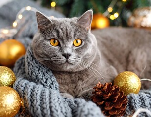 Grey cat surrounded by Christmas decorations