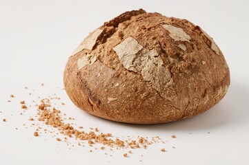 Entire fresh rye wheat bread loaf with crumbs and spikelets, isolated on white background