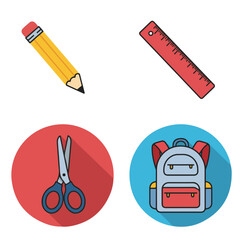 School Supplies Pencil, Ruler, Scissors and Backpack on White Background