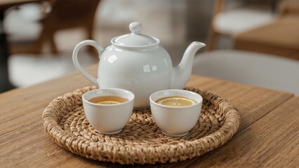 Fototapeta premium Two teacups filled with lemon tea and a white teapot resting on a straw platter, with blurred background