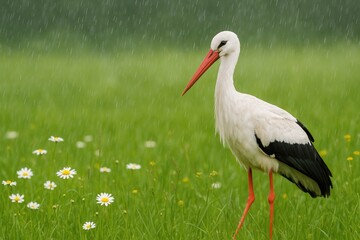 Meadow with a white stork during rainy weather